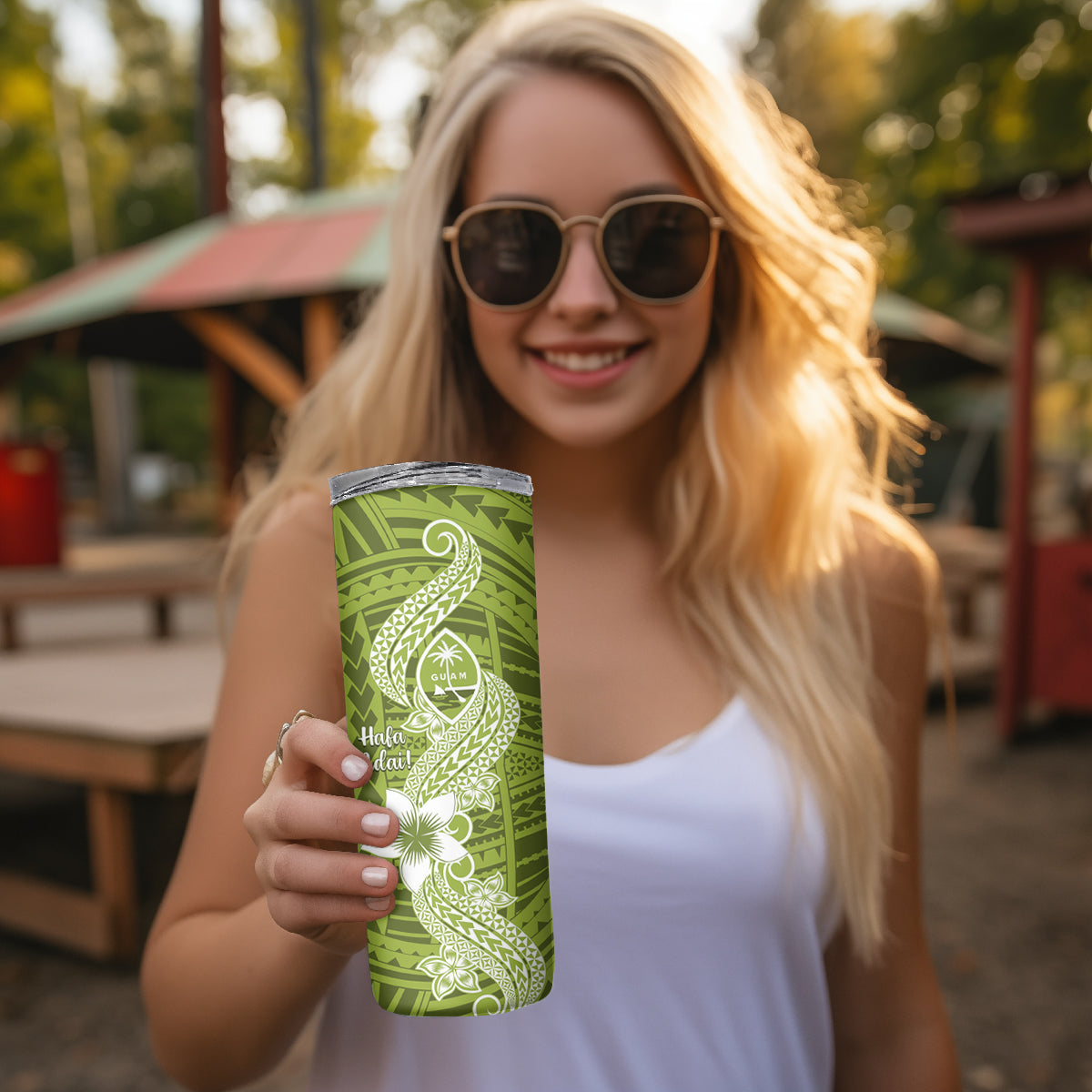 Hafa Adai Guam Skinny Tumbler Polynesian Olive Green Blue Pattern