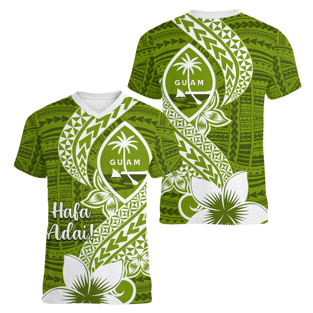 Hafa Adai Guam Women V Neck T Shirt Polynesian Olive Green Blue Pattern LT01 - Polynesian Pride