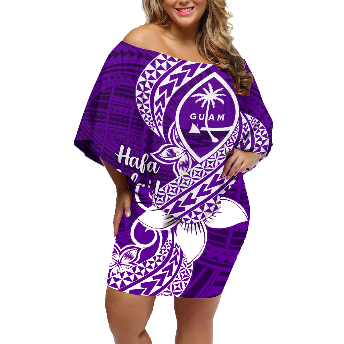 Hafa Adai Guam Family Matching Off Shoulder Short Dress and Hawaiian Shirt Polynesian Floral Purple Pattern LT01 Mom's Dress Purple - Polynesian Pride
