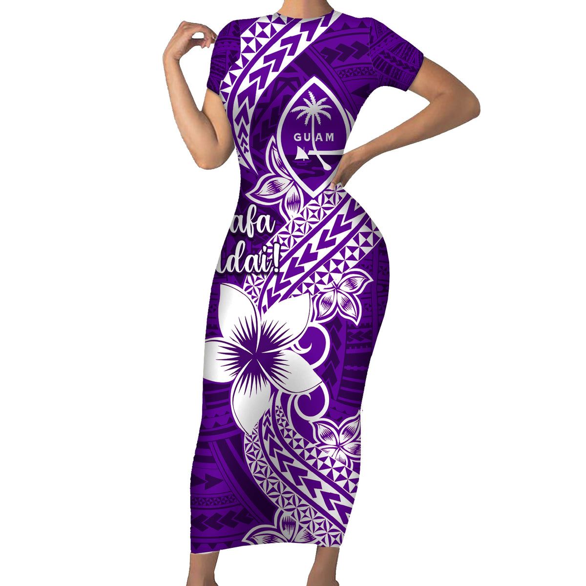Hafa Adai Guam Family Matching Short Sleeve Bodycon Dress and Hawaiian Shirt Polynesian Floral Purple Pattern LT01 Mom's Dress Purple - Polynesian Pride