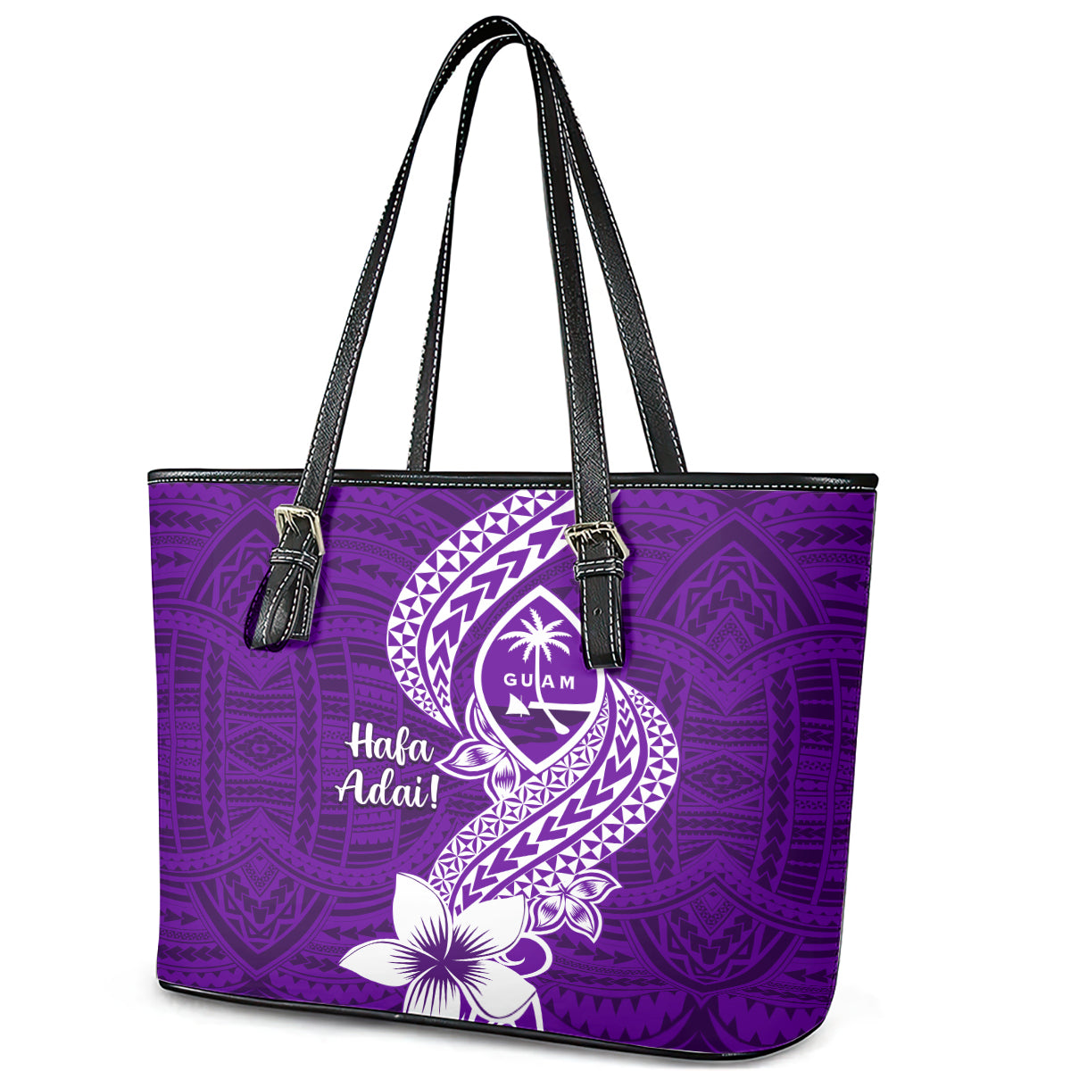 Hafa Adai Guam Leather Tote Bag Polynesian Floral Purple Pattern LT01 - Polynesian Pride