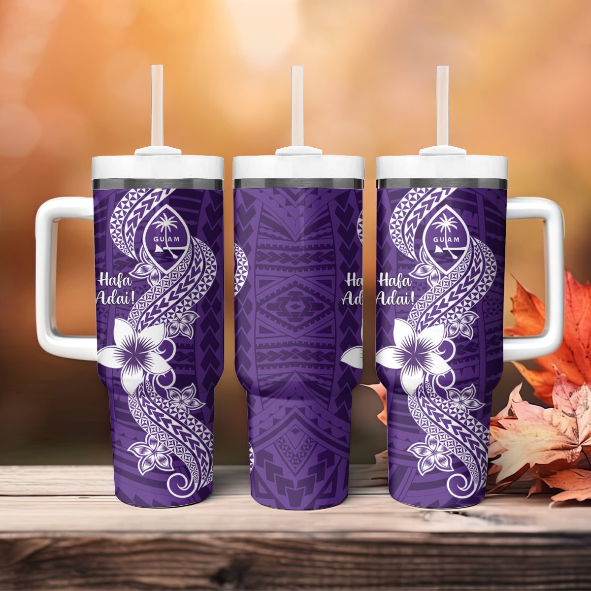 Hafa Adai Guam Tumbler With Handle Polynesian Floral Purple Pattern