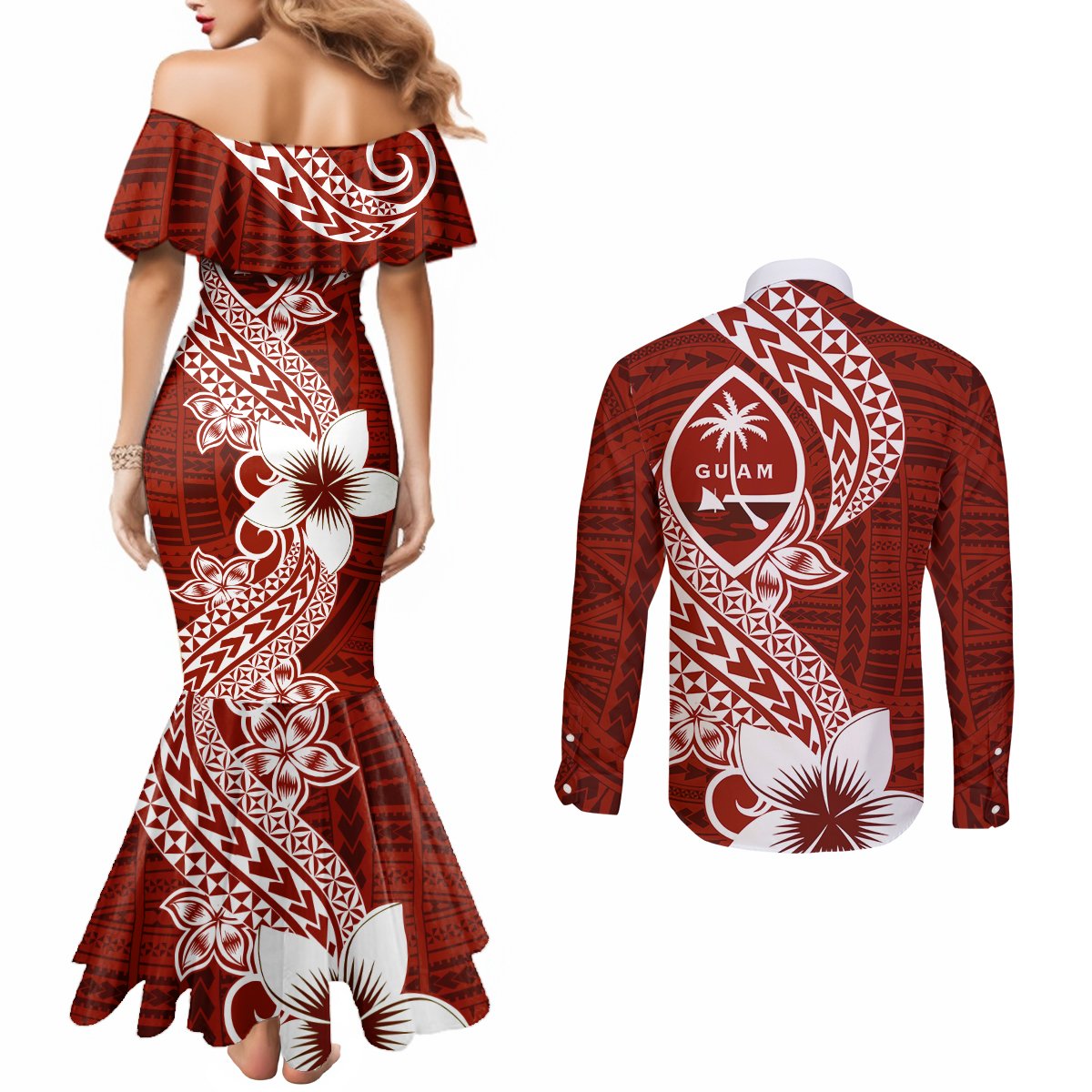 Hafa Adai Guam Couples Matching Mermaid Dress and Long Sleeve Button Shirt Polynesian Floral Red Pattern LT01 - Polynesian Pride