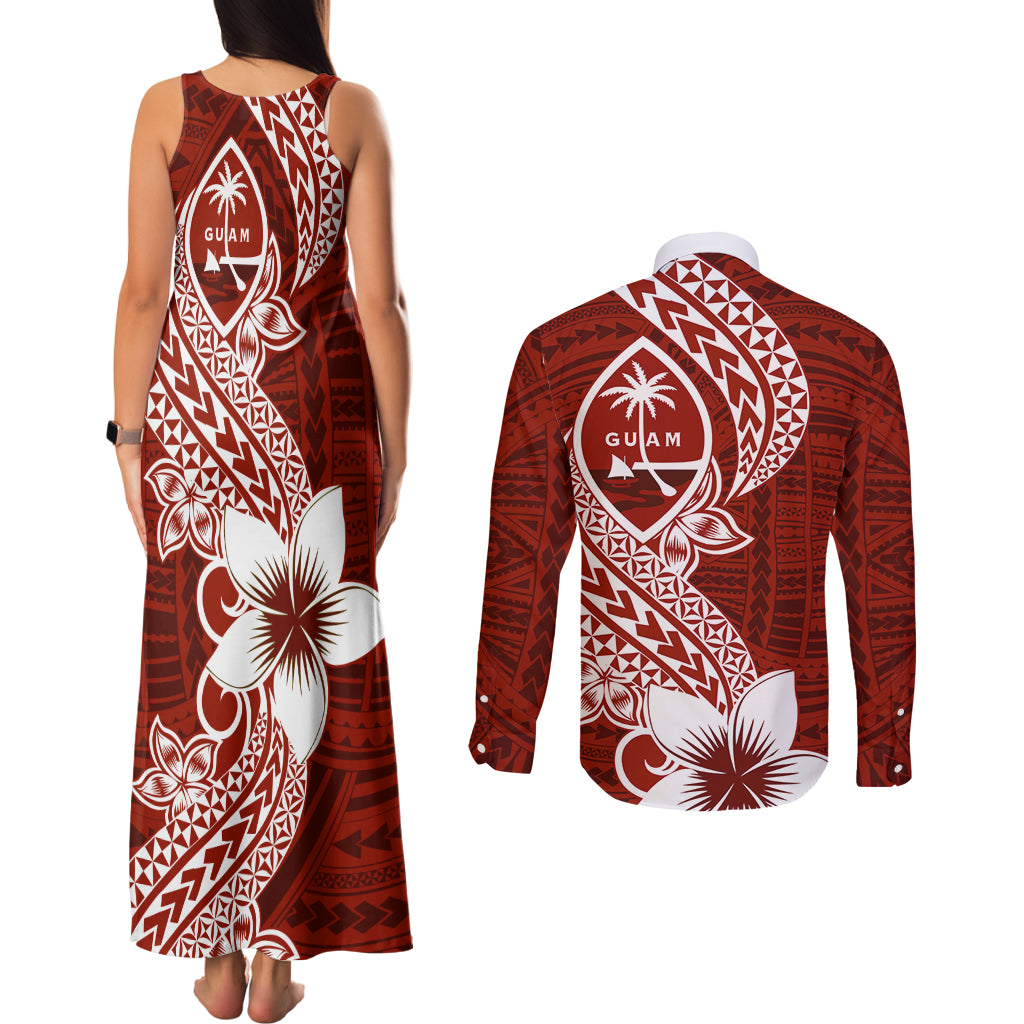 Hafa Adai Guam Couples Matching Tank Maxi Dress and Long Sleeve Button Shirt Polynesian Floral Red Pattern LT01 - Polynesian Pride
