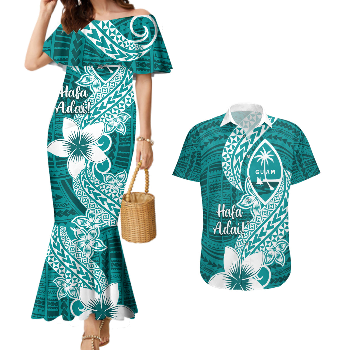 Hafa Adai Guam Couples Matching Mermaid Dress and Hawaiian Shirt Polynesian Floral Teal Pattern LT01 Teal - Polynesian Pride
