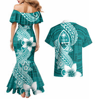 Hafa Adai Guam Couples Matching Mermaid Dress and Hawaiian Shirt Polynesian Floral Teal Pattern LT01 - Polynesian Pride
