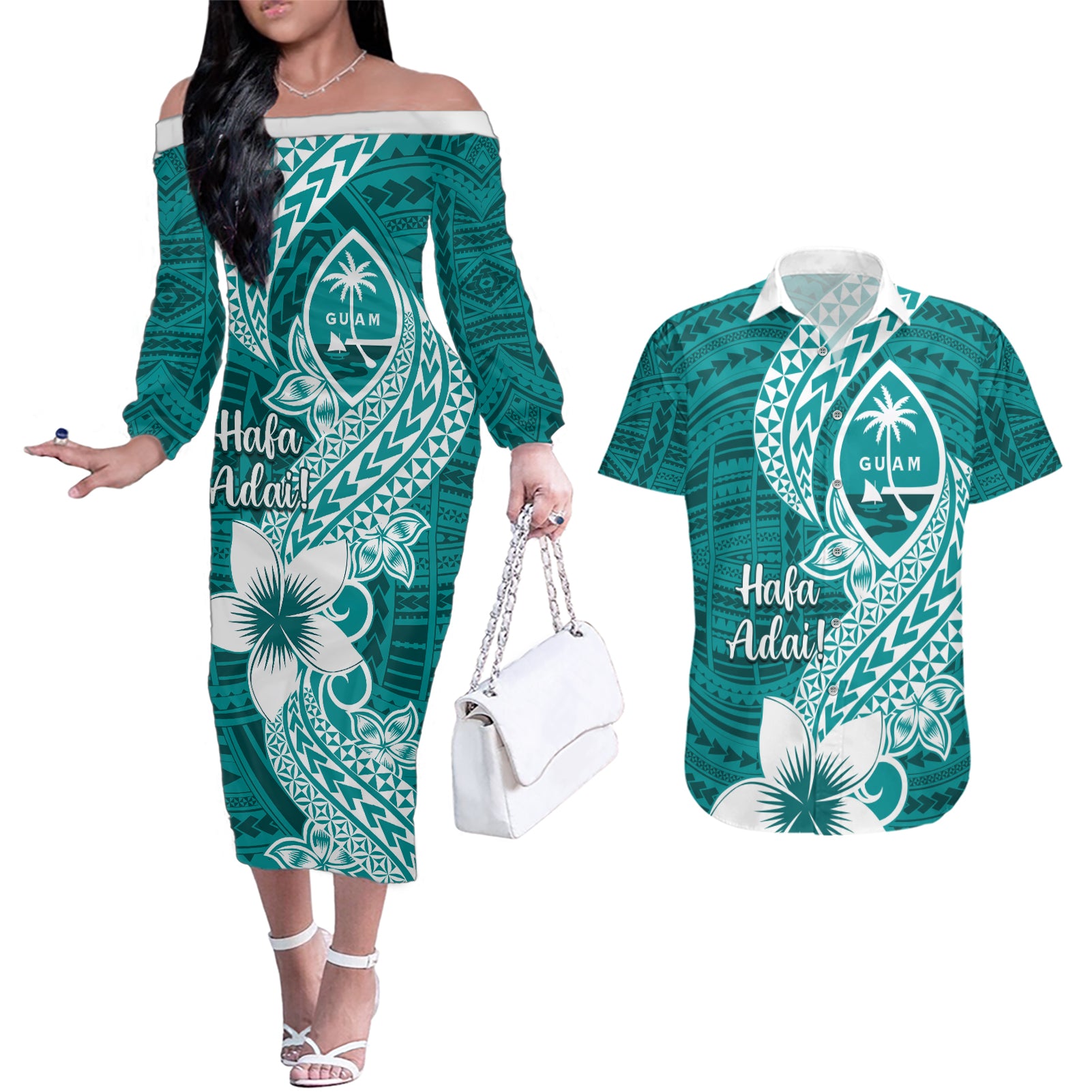 Hafa Adai Guam Couples Matching Off The Shoulder Long Sleeve Dress and Hawaiian Shirt Polynesian Floral Teal Pattern LT01 Teal - Polynesian Pride
