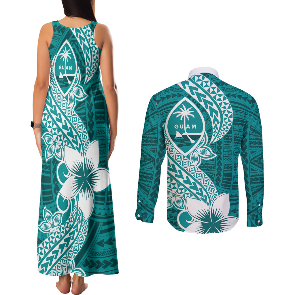 Hafa Adai Guam Couples Matching Tank Maxi Dress and Long Sleeve Button Shirt Polynesian Floral Teal Pattern LT01 - Polynesian Pride