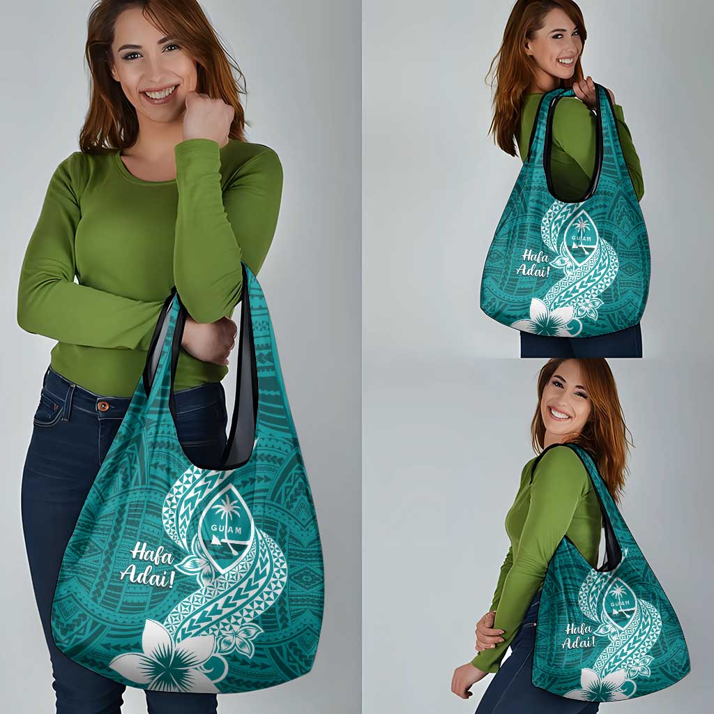 Hafa Adai Guam Grocery Bag Polynesian Floral Teal Pattern