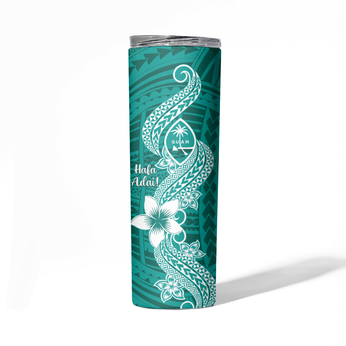 Hafa Adai Guam Skinny Tumbler Polynesian Floral Teal Pattern