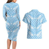 Baby Blue Mermaid Puakenikeni Maile Lei Couples Matching Long Sleeve Bodycon Dress and Hawaiian Shirt