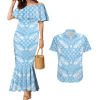 Baby Blue Mermaid Puakenikeni Maile Lei Couples Matching Mermaid Dress and Hawaiian Shirt LT01 Blue - Polynesian Pride