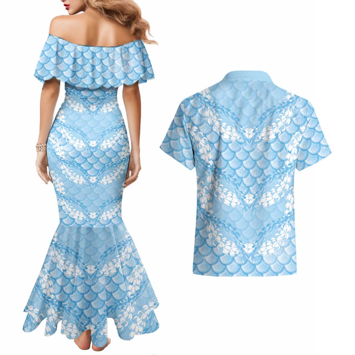 Baby Blue Mermaid Puakenikeni Maile Lei Couples Matching Mermaid Dress and Hawaiian Shirt LT01 - Polynesian Pride