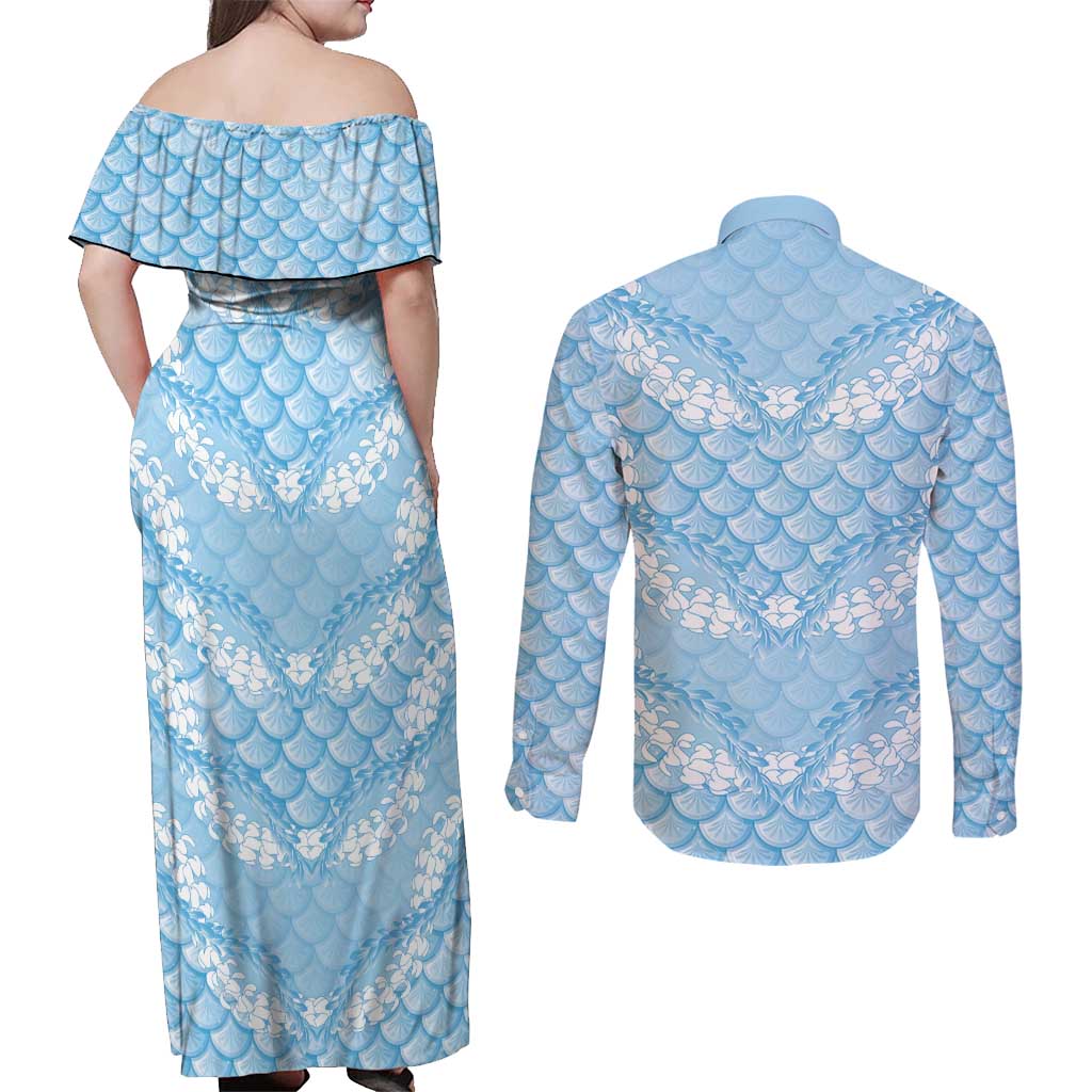 Baby Blue Mermaid Puakenikeni Maile Lei Couples Matching Off Shoulder Maxi Dress and Long Sleeve Button Shirt