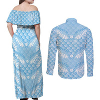 Baby Blue Mermaid Puakenikeni Maile Lei Couples Matching Off Shoulder Maxi Dress and Long Sleeve Button Shirt