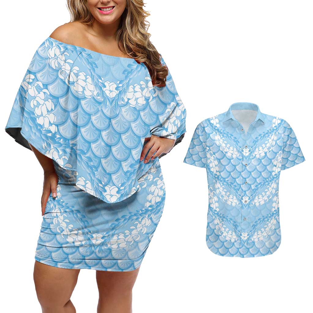 Baby Blue Mermaid Puakenikeni Maile Lei Couples Matching Off Shoulder Short Dress and Hawaiian Shirt