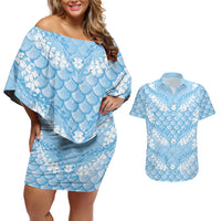 Baby Blue Mermaid Puakenikeni Maile Lei Couples Matching Off Shoulder Short Dress and Hawaiian Shirt