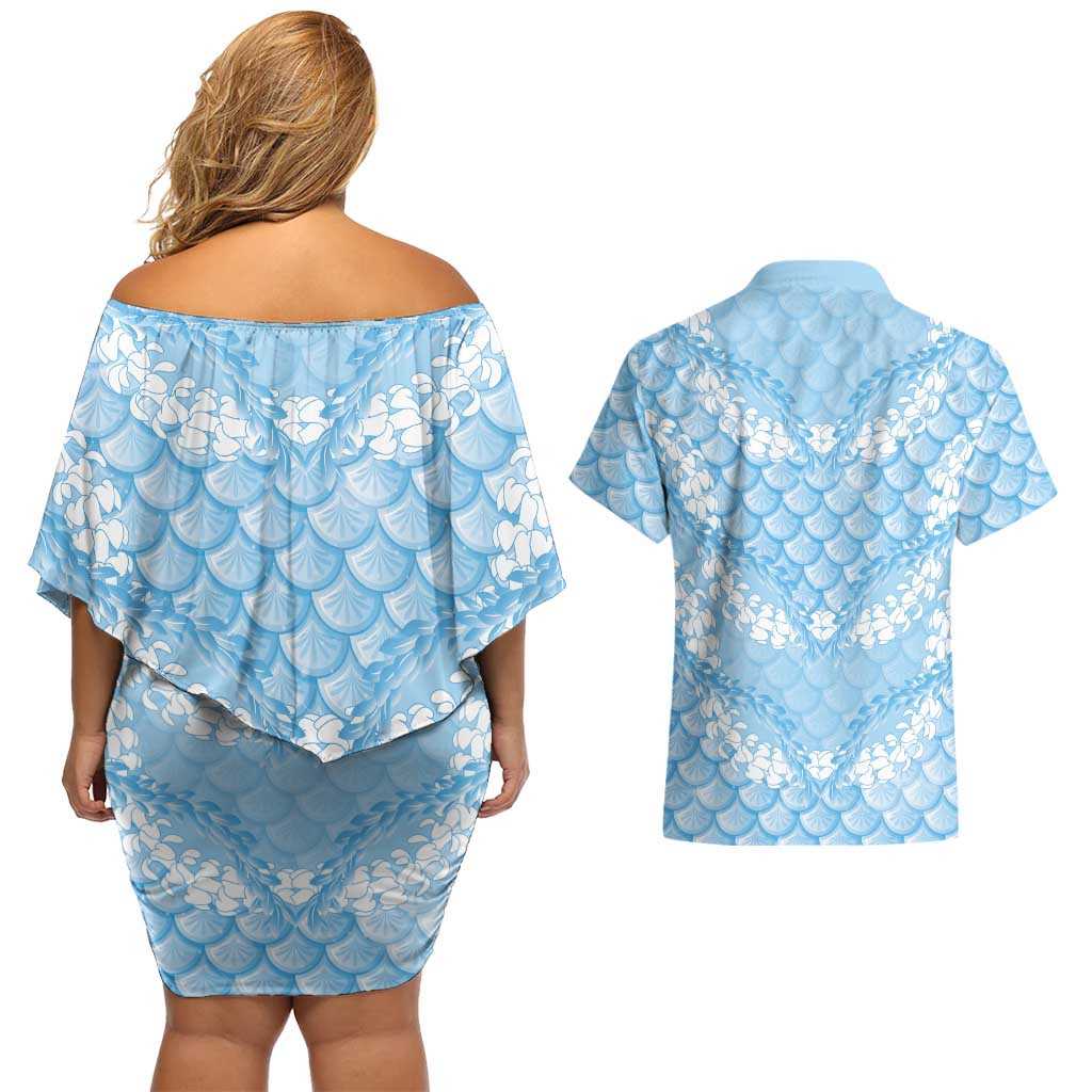 Baby Blue Mermaid Puakenikeni Maile Lei Couples Matching Off Shoulder Short Dress and Hawaiian Shirt
