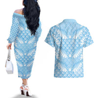 Baby Blue Mermaid Puakenikeni Maile Lei Couples Matching Off The Shoulder Long Sleeve Dress and Hawaiian Shirt LT01 - Polynesian Pride
