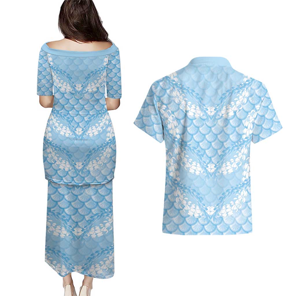 Baby Blue Mermaid Puakenikeni Maile Lei Couples Matching Puletasi and Hawaiian Shirt
