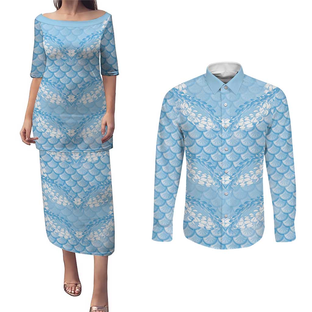 Baby Blue Mermaid Puakenikeni Maile Lei Couples Matching Puletasi and Long Sleeve Button Shirt