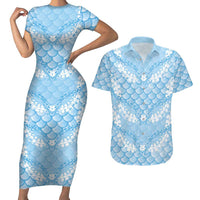 Baby Blue Mermaid Puakenikeni Maile Lei Couples Matching Short Sleeve Bodycon Dress and Hawaiian Shirt