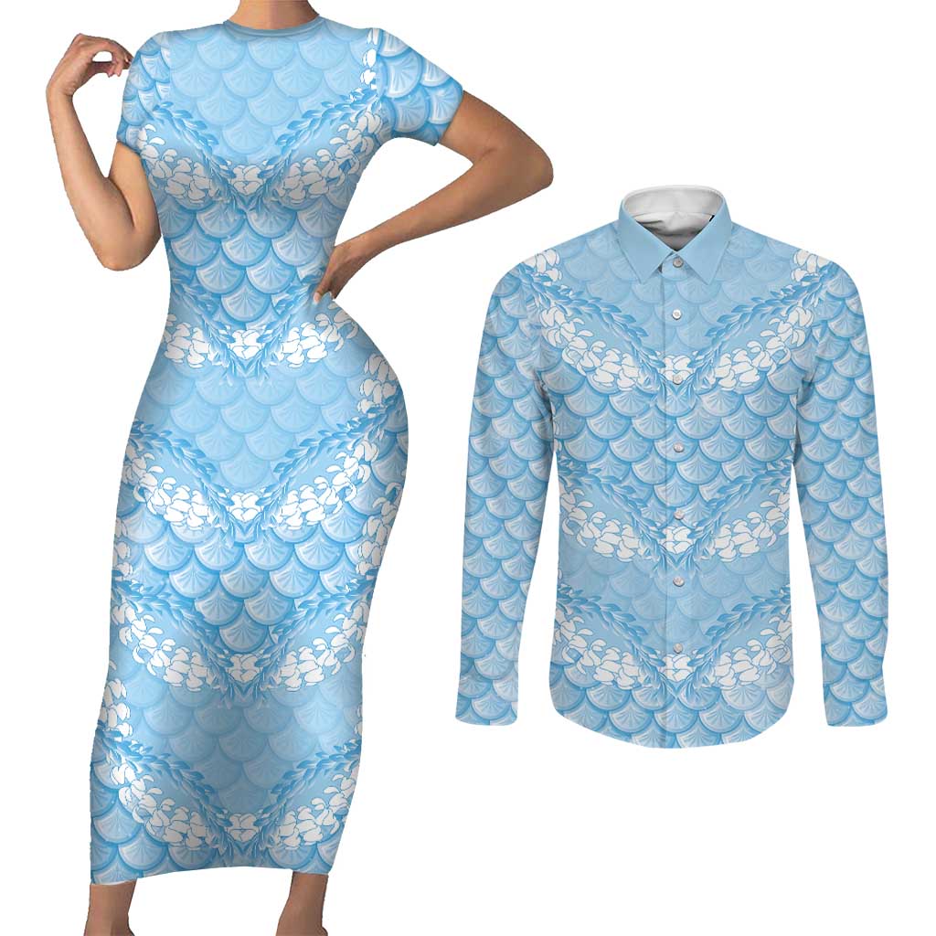 Baby Blue Mermaid Puakenikeni Maile Lei Couples Matching Short Sleeve Bodycon Dress and Long Sleeve Button Shirt