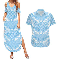 Baby Blue Mermaid Puakenikeni Maile Lei Couples Matching Summer Maxi Dress and Hawaiian Shirt