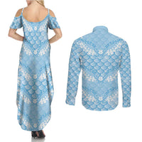Baby Blue Mermaid Puakenikeni Maile Lei Couples Matching Summer Maxi Dress and Long Sleeve Button Shirt