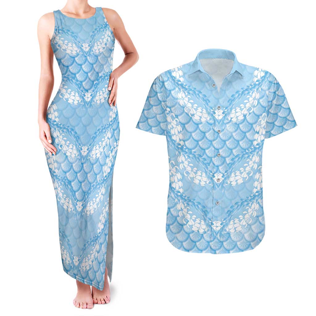 Baby Blue Mermaid Puakenikeni Maile Lei Couples Matching Tank Maxi Dress and Hawaiian Shirt
