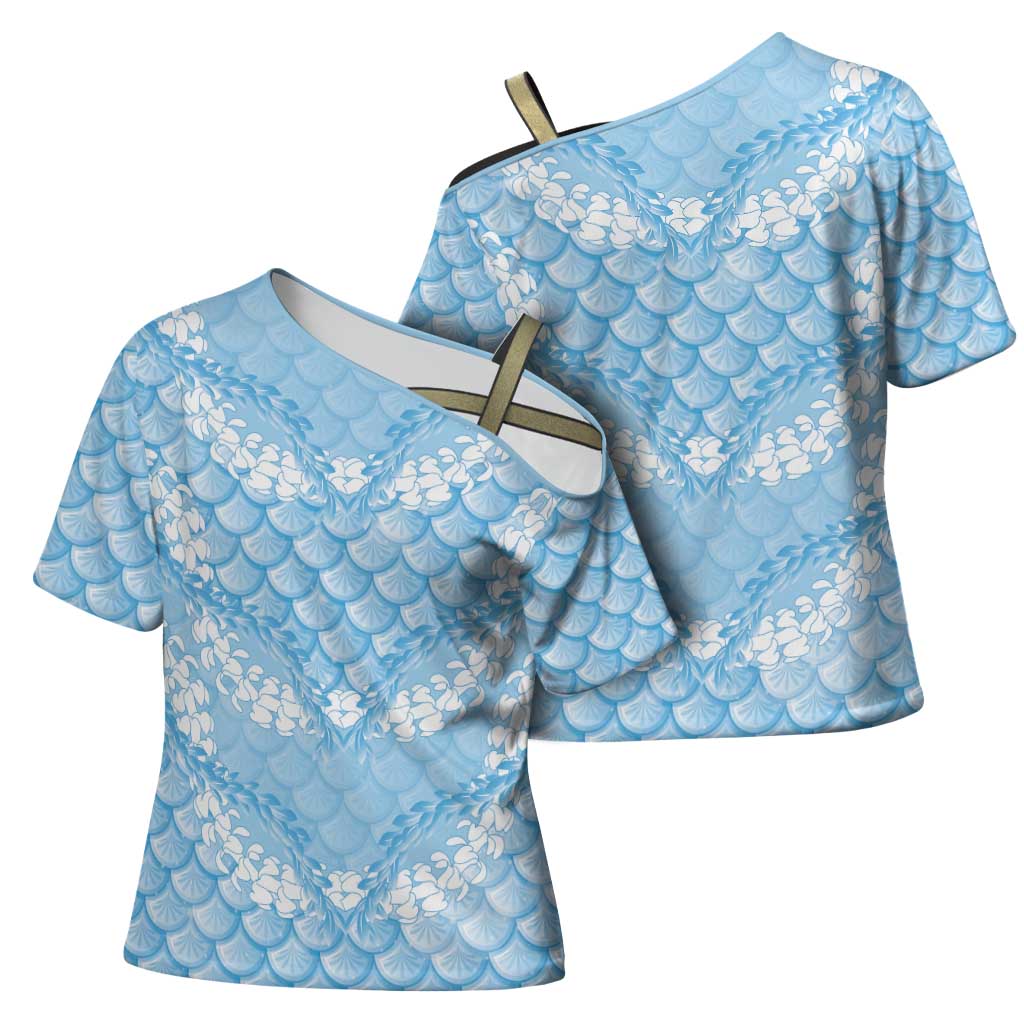 Baby Blue Mermaid Puakenikeni Maile Lei Cross Shoulder Shirt
