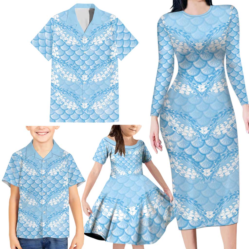 Baby Blue Mermaid Puakenikeni Maile Lei Family Matching Long Sleeve Bodycon Dress and Hawaiian Shirt