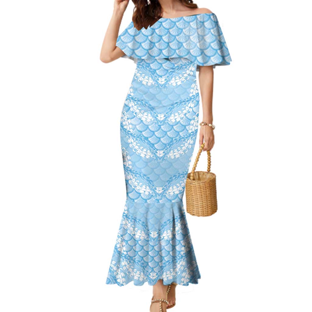 Baby Blue Mermaid Puakenikeni Maile Lei Family Matching Mermaid Dress and Hawaiian Shirt