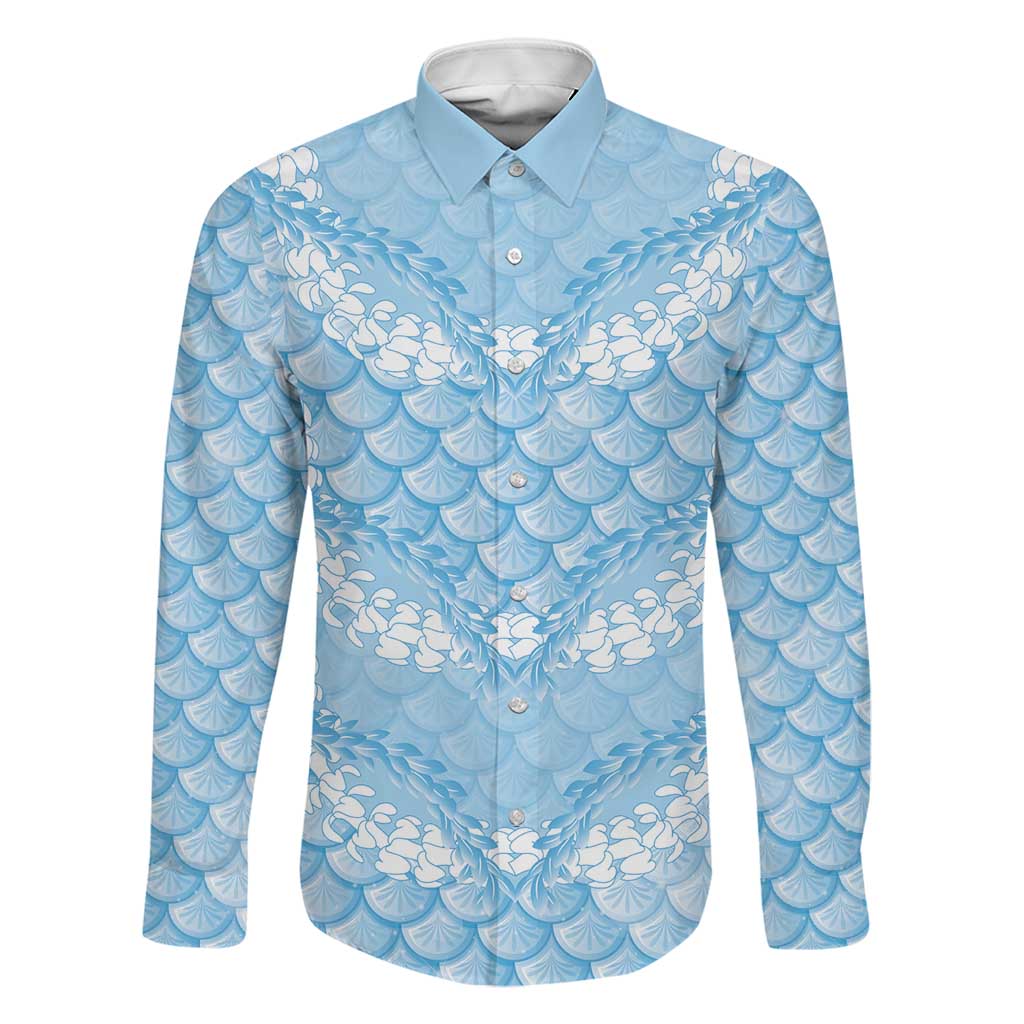 Baby Blue Mermaid Puakenikeni Maile Lei Family Matching Off Shoulder Maxi Dress and Hawaiian Shirt