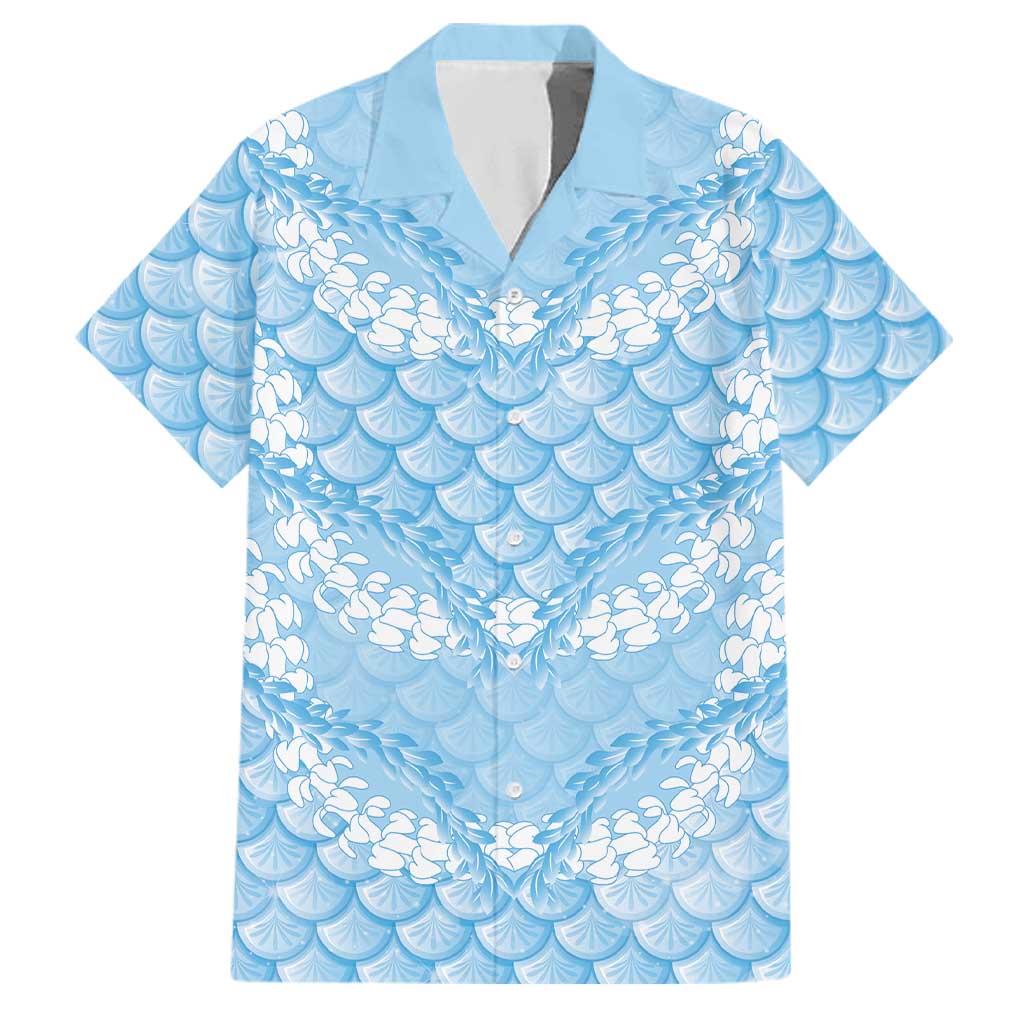 Baby Blue Mermaid Puakenikeni Maile Lei Family Matching Off Shoulder Short Dress and Hawaiian Shirt