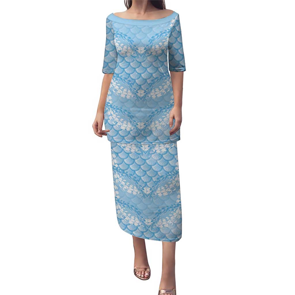 Baby Blue Mermaid Puakenikeni Maile Lei Family Matching Puletasi and Hawaiian Shirt