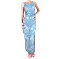 Baby Blue Mermaid Puakenikeni Maile Lei Family Matching Tank Maxi Dress and Hawaiian Shirt