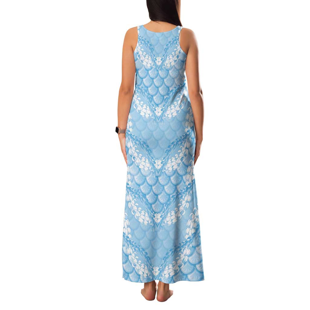 Baby Blue Mermaid Puakenikeni Maile Lei Family Matching Tank Maxi Dress and Hawaiian Shirt