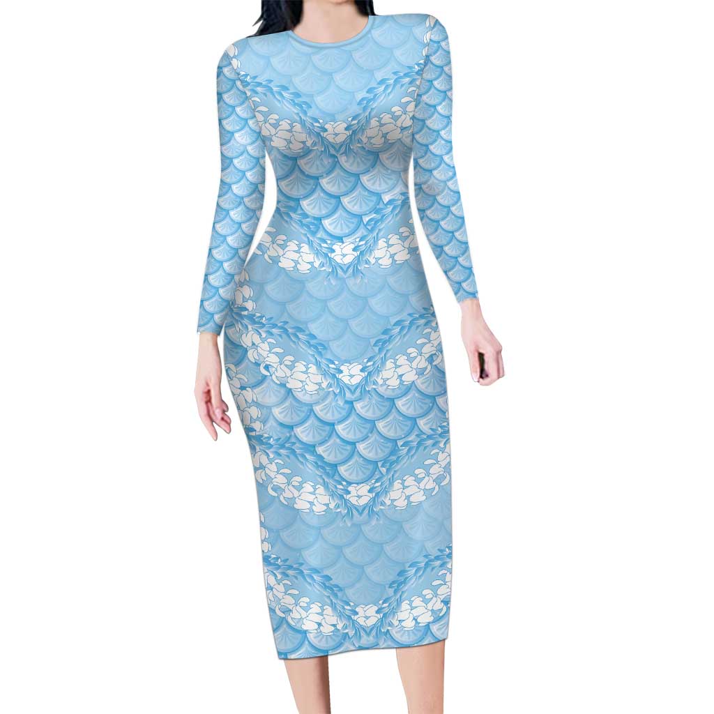 Baby Blue Mermaid Puakenikeni Maile Lei Long Sleeve Bodycon Dress LT01 Long Dress Blue - Polynesian Pride