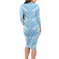 Baby Blue Mermaid Puakenikeni Maile Lei Long Sleeve Bodycon Dress LT01 - Polynesian Pride