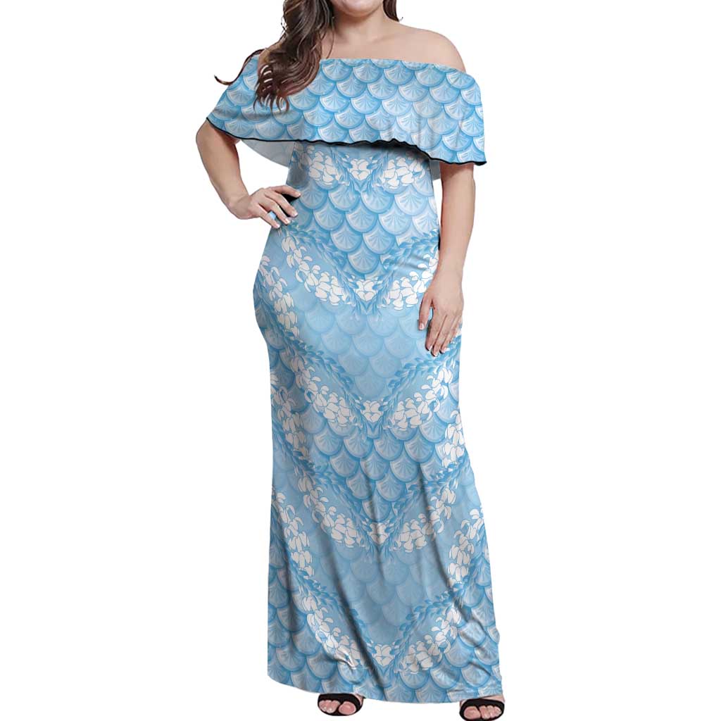 Baby Blue Mermaid Puakenikeni Maile Lei Off Shoulder Maxi Dress