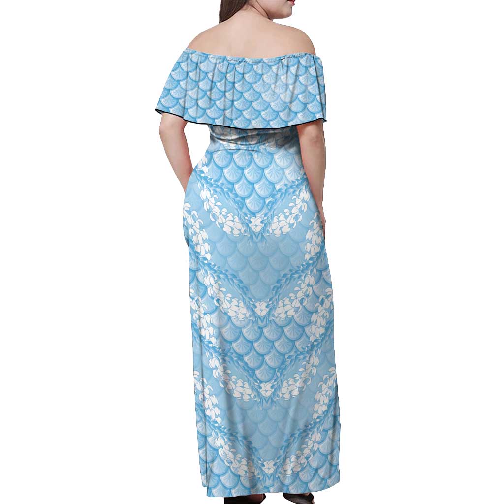 Baby Blue Mermaid Puakenikeni Maile Lei Off Shoulder Maxi Dress