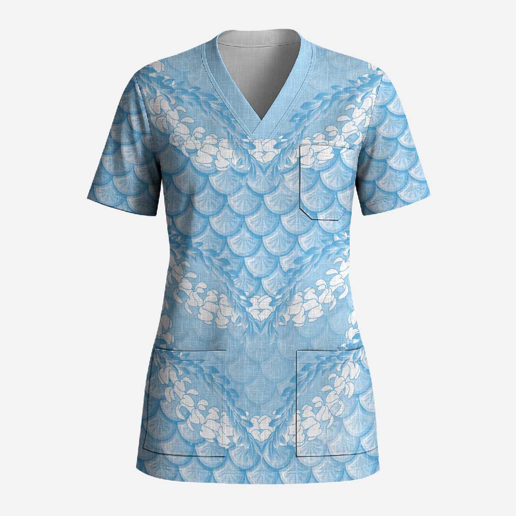 Baby Blue Mermaid Puakenikeni Maile Lei Scrub Top