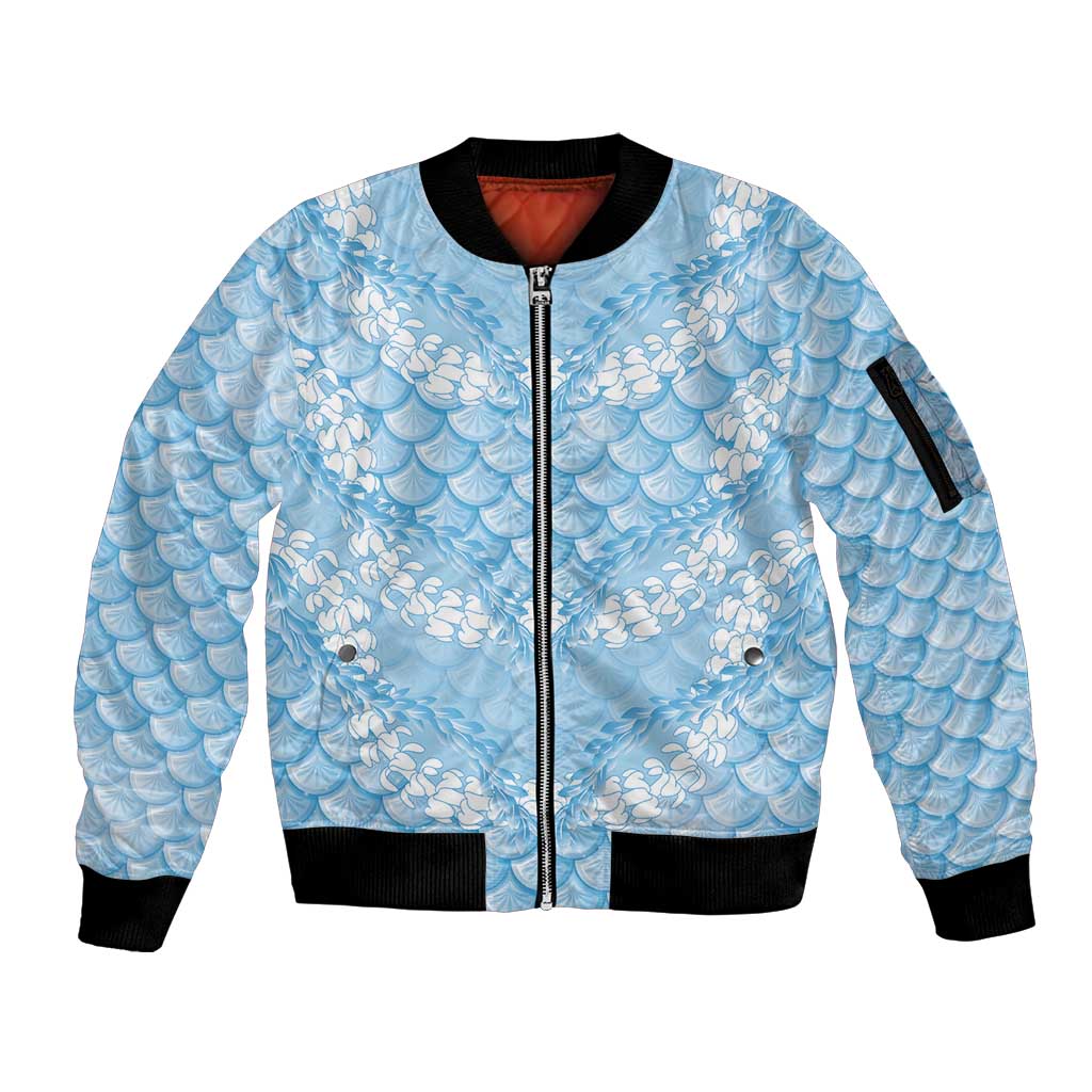 Baby Blue Mermaid Puakenikeni Maile Lei Sleeve Zip Bomber Jacket