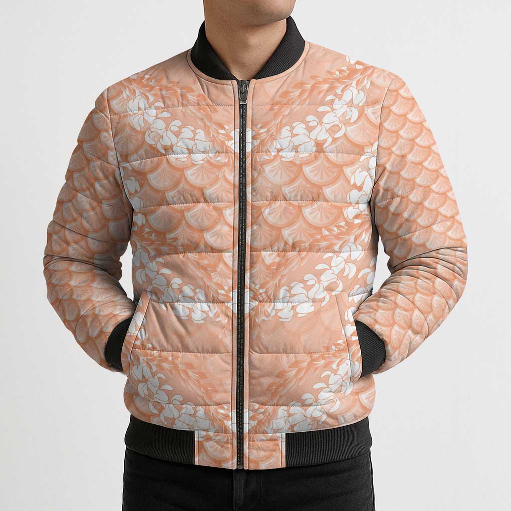 Apricot Mermaid Puakenikeni Maile Lei Bomber Puffer Jacket
