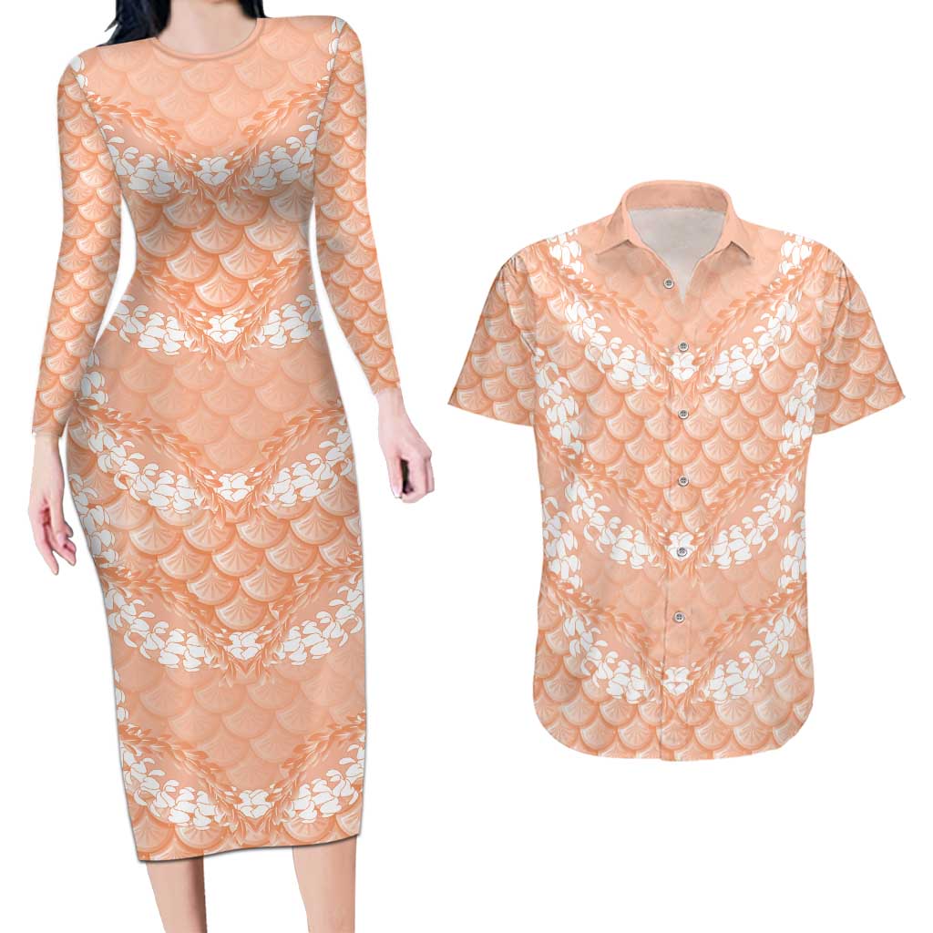 Apricot Mermaid Puakenikeni Maile Lei Couples Matching Long Sleeve Bodycon Dress and Hawaiian Shirt