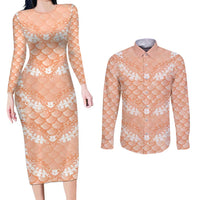 Apricot Mermaid Puakenikeni Maile Lei Couples Matching Long Sleeve Bodycon Dress and Long Sleeve Button Shirt