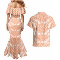Apricot Mermaid Puakenikeni Maile Lei Couples Matching Mermaid Dress and Hawaiian Shirt