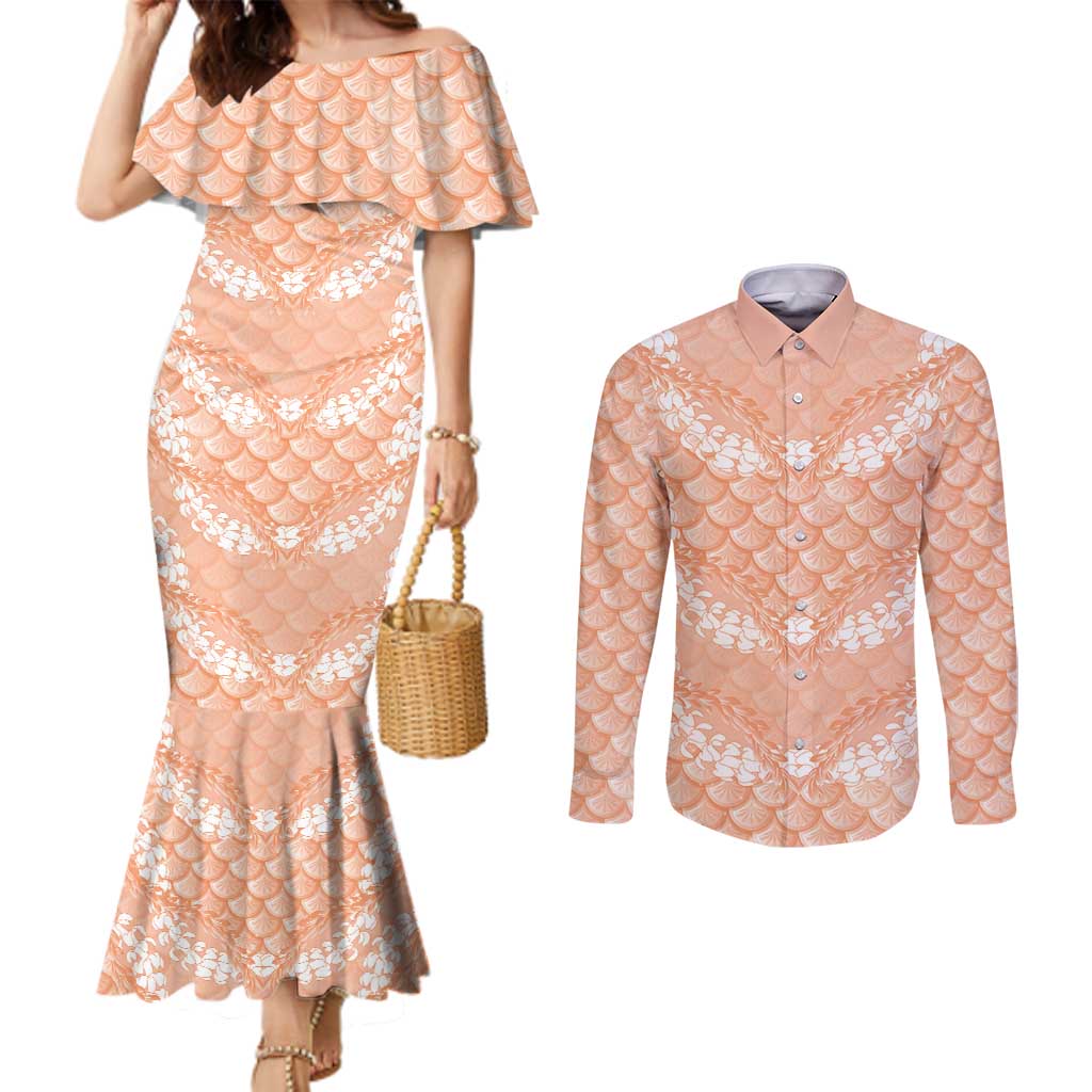 Apricot Mermaid Puakenikeni Maile Lei Couples Matching Mermaid Dress and Long Sleeve Button Shirt