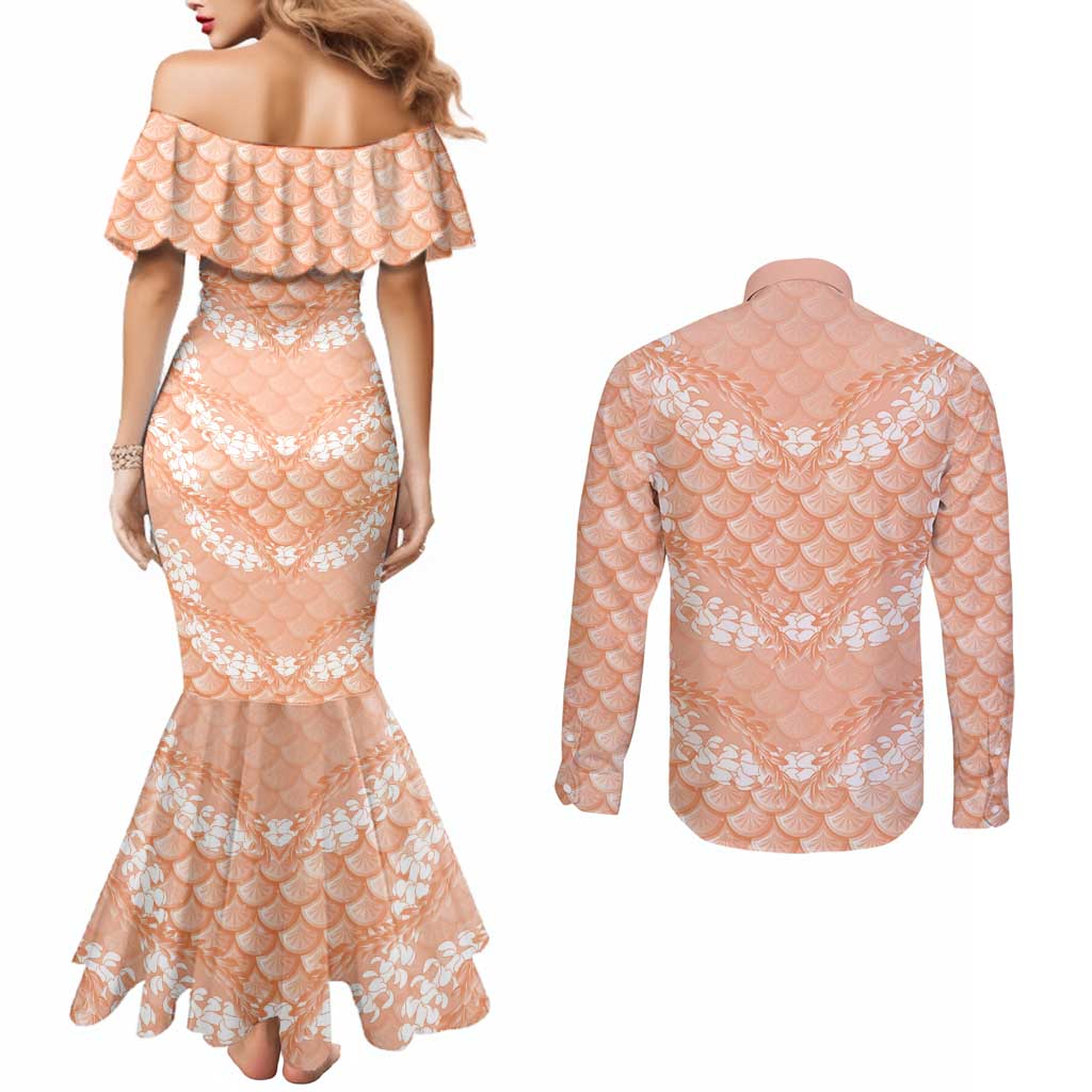 Apricot Mermaid Puakenikeni Maile Lei Couples Matching Mermaid Dress and Long Sleeve Button Shirt